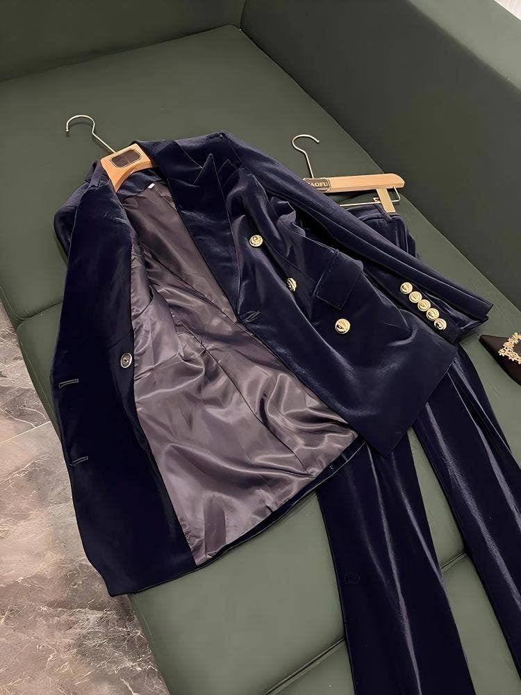 Sanyao Fashion – Engroshandel Habitter – til kvinder – SY517Y Fløjl Skræddersyet Jakkesæt til Kvinder – Blazer & Bukser4