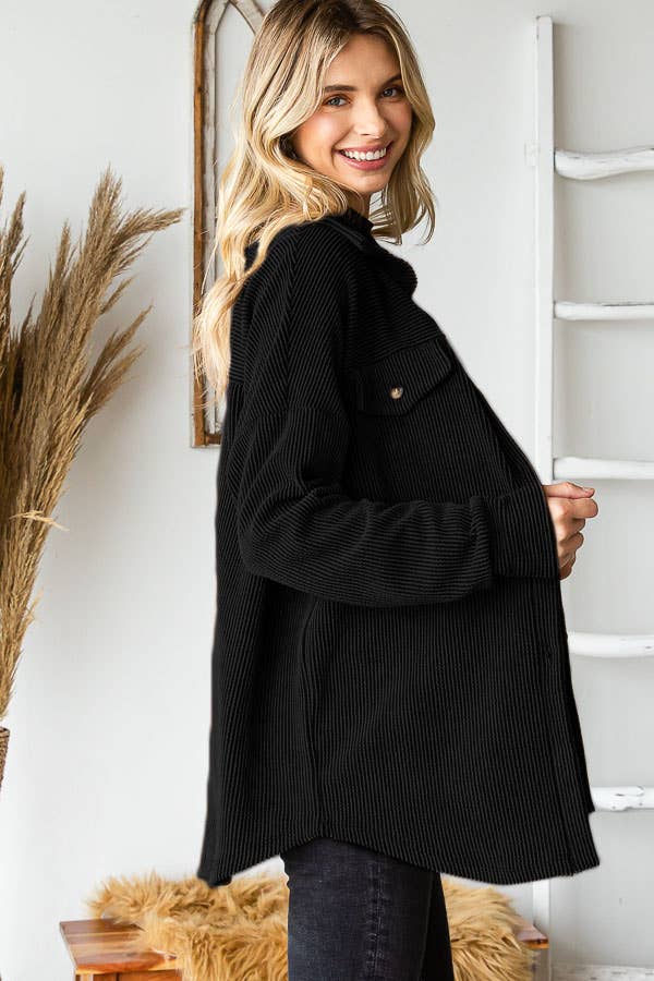 7th Ray - Wholesale Button Down Shirt - Women's - Rib Drop Shoulder Patch Pockets Button Down Shacket T480617