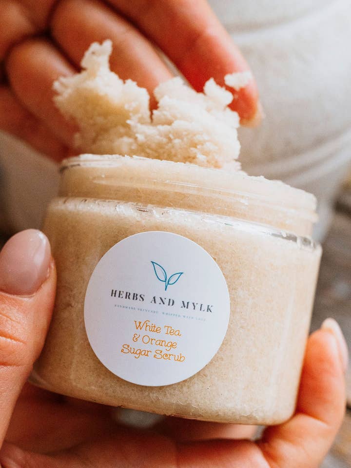 White Tea & Orange Organic Sugar Scrub for wholesale by Herbs and Mylk