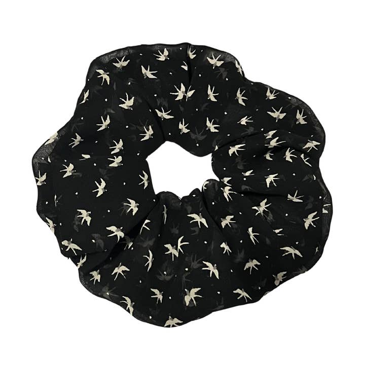 Black Sparrow Scrunchie for wholesale by Trash Bandit NYC