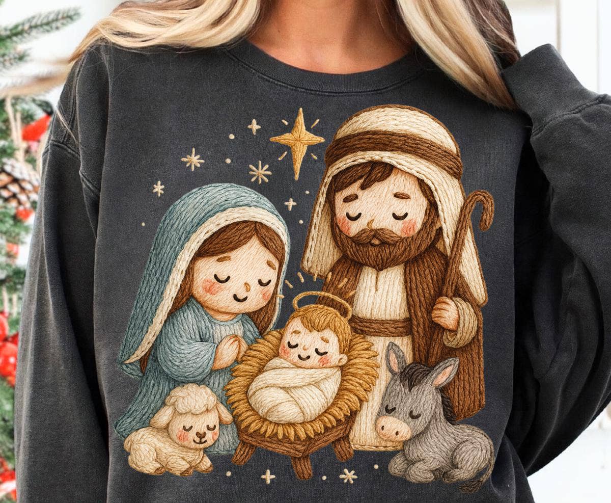 Glaime - Wholesale T-Shirt (Graphic) - Unisex - Faux Embroidery Christian Nativity Scene Comfort Colors Tee1