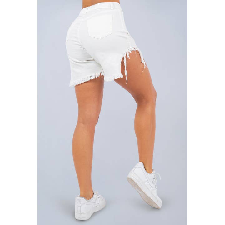 White Curvy Tummy Tuck Distressed and Fringed Bermuda for wholesale on Faire