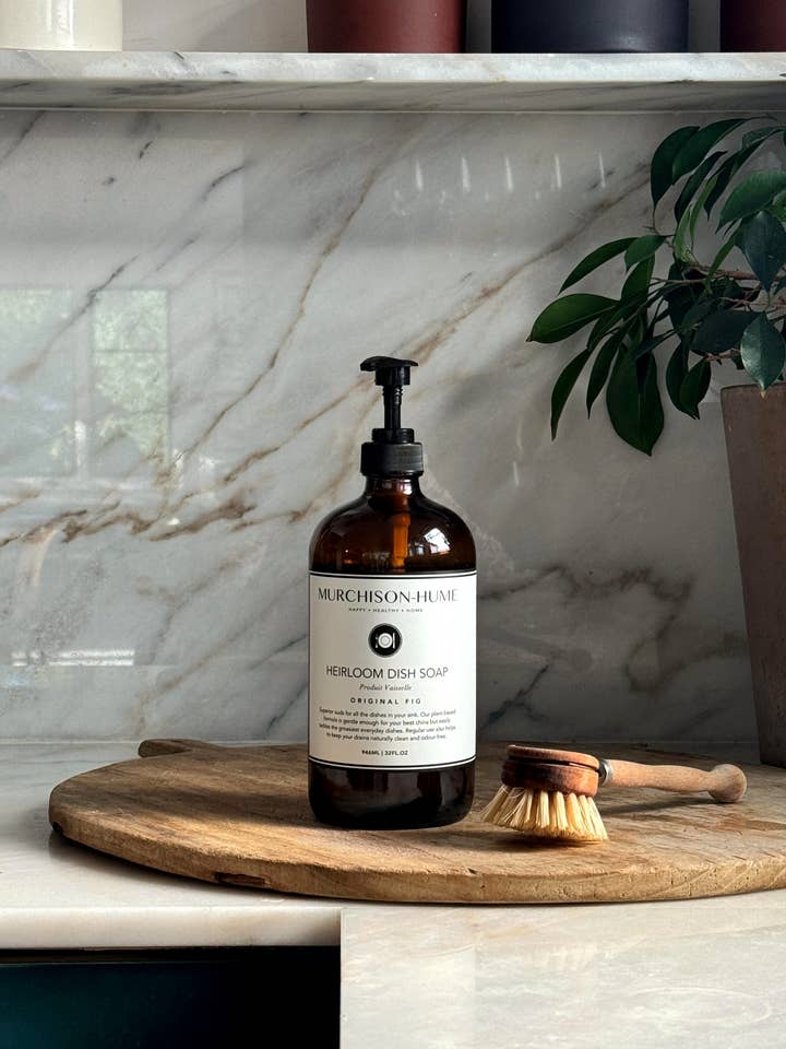 Murchison-Hume Heirloom Dish Soap in Amber Glass Dispenser for wholesale by Murchison-Hume