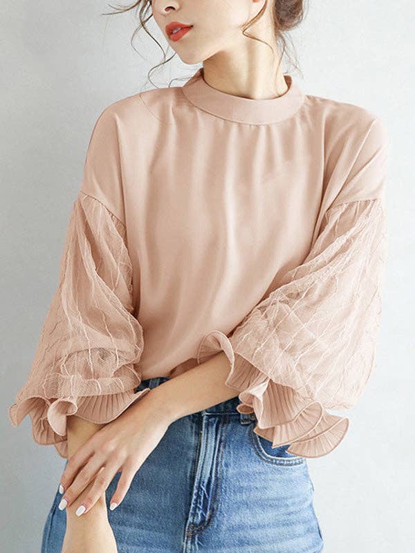 Sheer Trend - Wholesale Blouse - Dames - Eenvoudig hemd van chiffon met pofmouwen en gaassplitsende kleur1