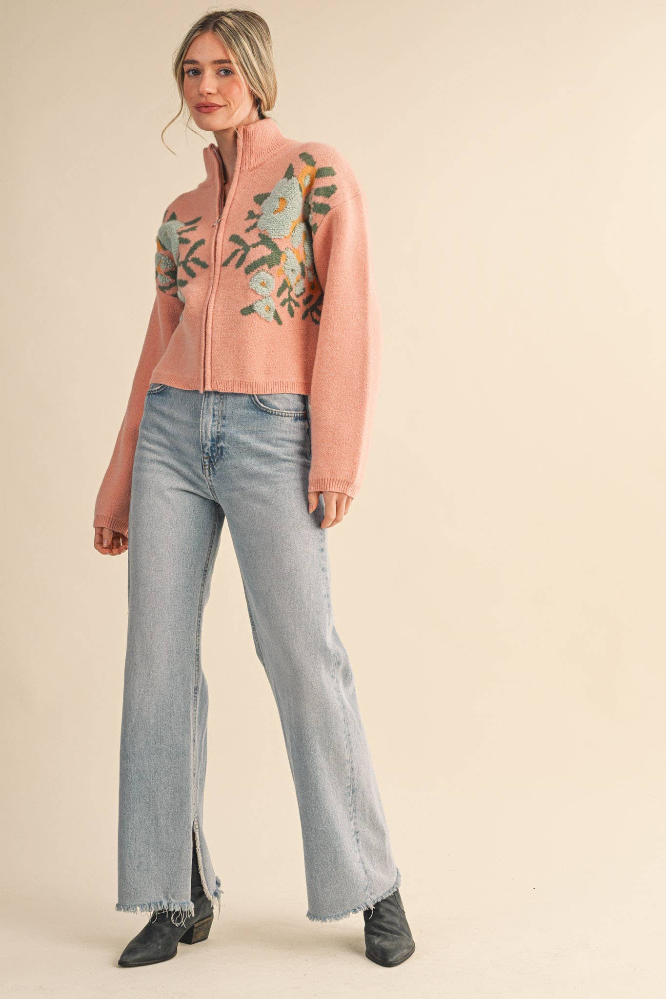 &MERCI - Wholesale Cardigan - Women's - FLORAL ZIP UP SWEATER CARDIGAN MSW1118816