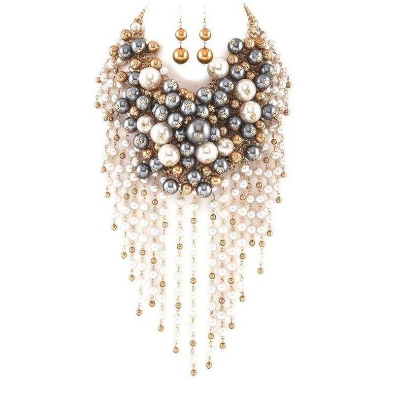 Diacly - Wholesale Beaded/Pearl Necklace - Chunky Dangling Pearls Choker Necklace Set14