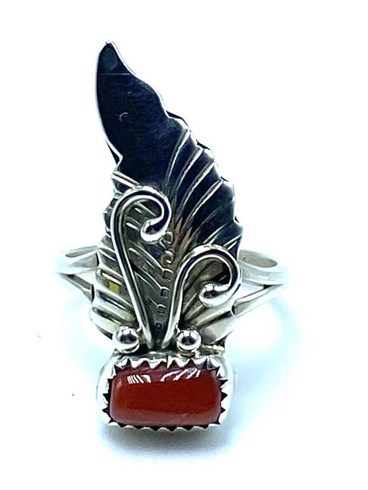 Native American Sterling Silver Navajo Handmade Red Coral Feather Ring Size 6.5 for wholesale by Native City Jewelry