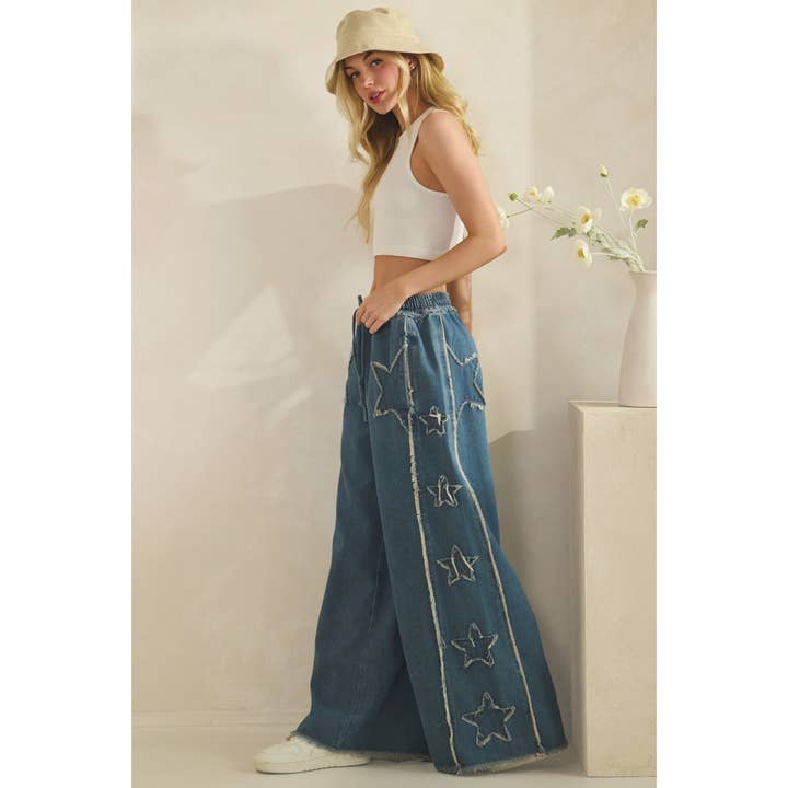 FRAYED STAR PATCH WIDE-LEG DENIM PANTS (SP8267) for wholesale by Sage + Fig