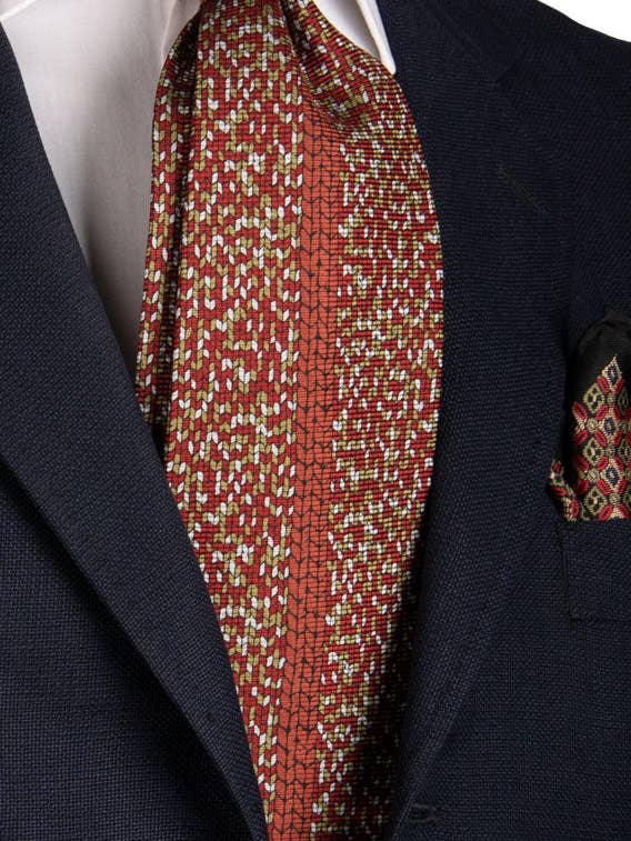 Gravata Vintage em Seda de Sarja Bordeaux Padrão Multicolorido com Desenho no Centro Pala CV395 por atacado de Graffeo Cravatte