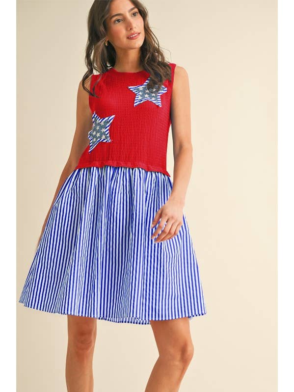 Vanilla Monkey - Wholesale Dress - Women's - Multi Star Patch Mix Media Mini Dress5