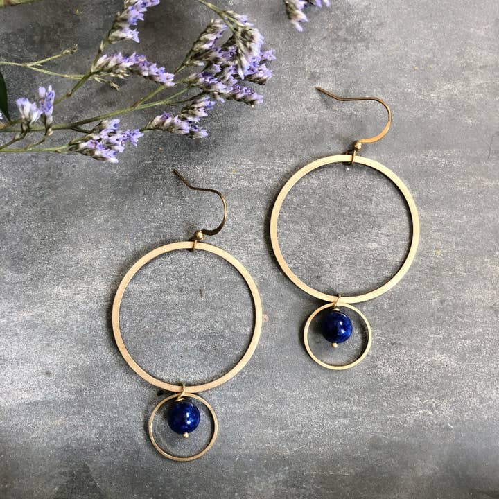 Belmont Earrings - Lapis Lazuli & Brass for wholesale by GeoMetricGem