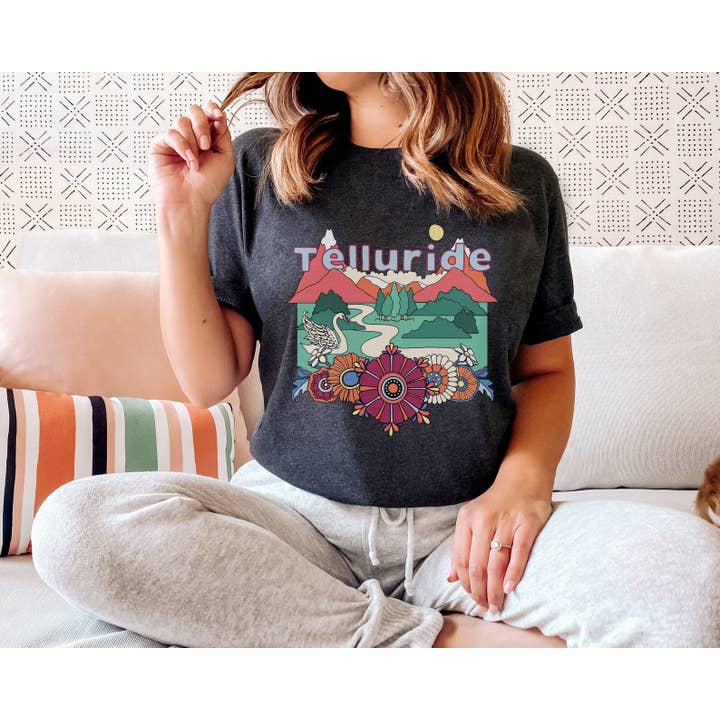 Hey Mountains - Wholesale Screen Printed T-Shirt - Women's - Telluride T-Shirt - Retro Mountain / Hippie Style Colorado7