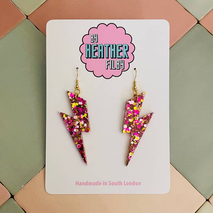 Large Pink & Gold Glitter Lightning Bolt Earrings for wholesale by By Heather Filby