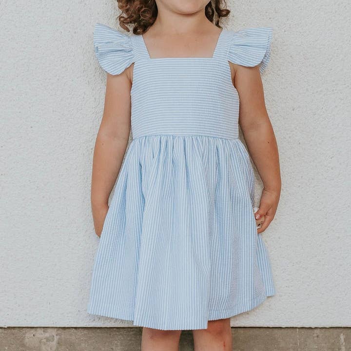 Girl's Light Blue Seersucker Flutter Sleeve Dress for wholesale by cuteheads