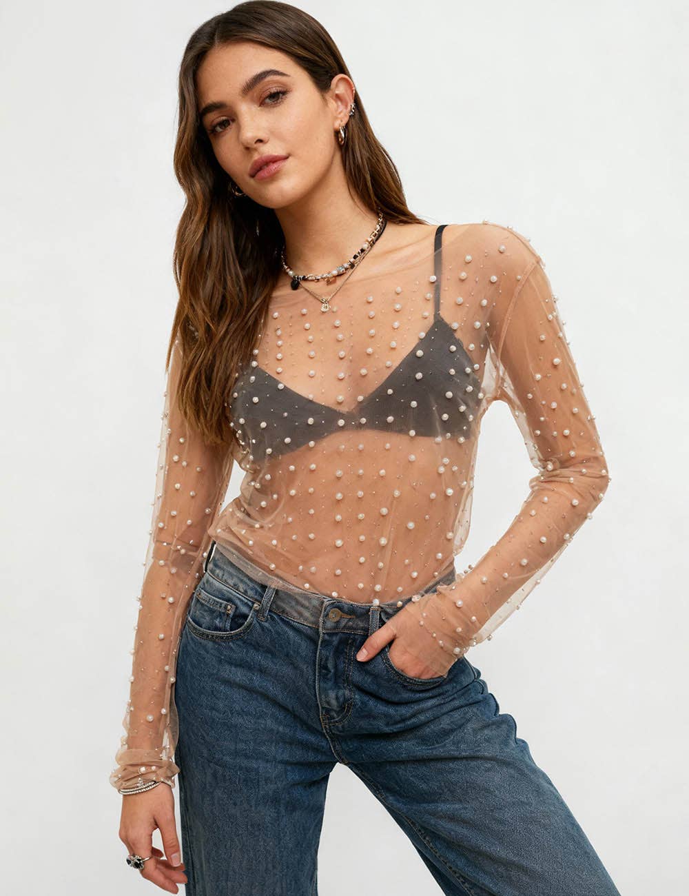 Sweetkama - Wholesale Blouse – Women’s - Pearl Rhinestone Studded See Through Mesh Crop Top SKT19762