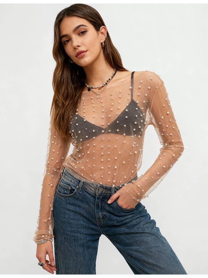 Sweetkama - Wholesale Blouse - Women's - Pearl Rhinestone Studded See Through Mesh Crop Top SKT19762