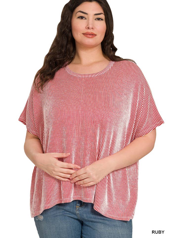 42POPS - Wholesale Knit Top - Women's - `.Plus size Ribbed Striped Oversized Short Slee3
