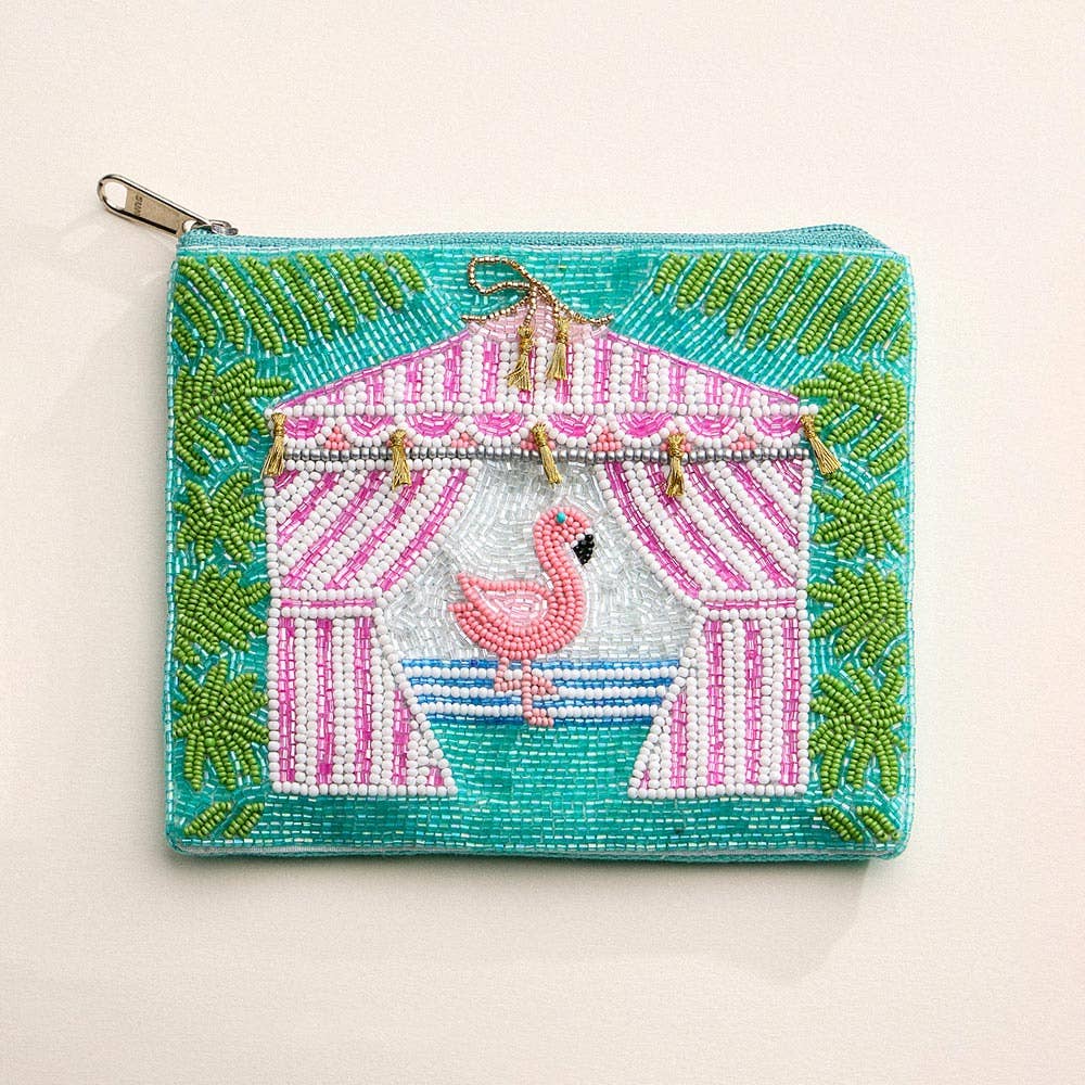 Sensibling Corp. - Wholesale Coin Purse - Women's - Flamingo Cabana Palm Seed Beaded Mini Pouch Bag1