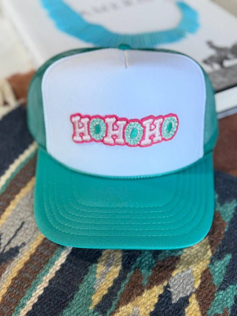 Teal White Ho Ho Ho Christmas Glitter Patch Trucker Hat for wholesale on Faire