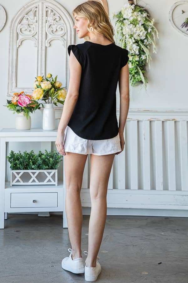 7th Ray – Engroshandel Strikket top - Dame – Solid Rib Knap-Front Flæseærme Top T515614