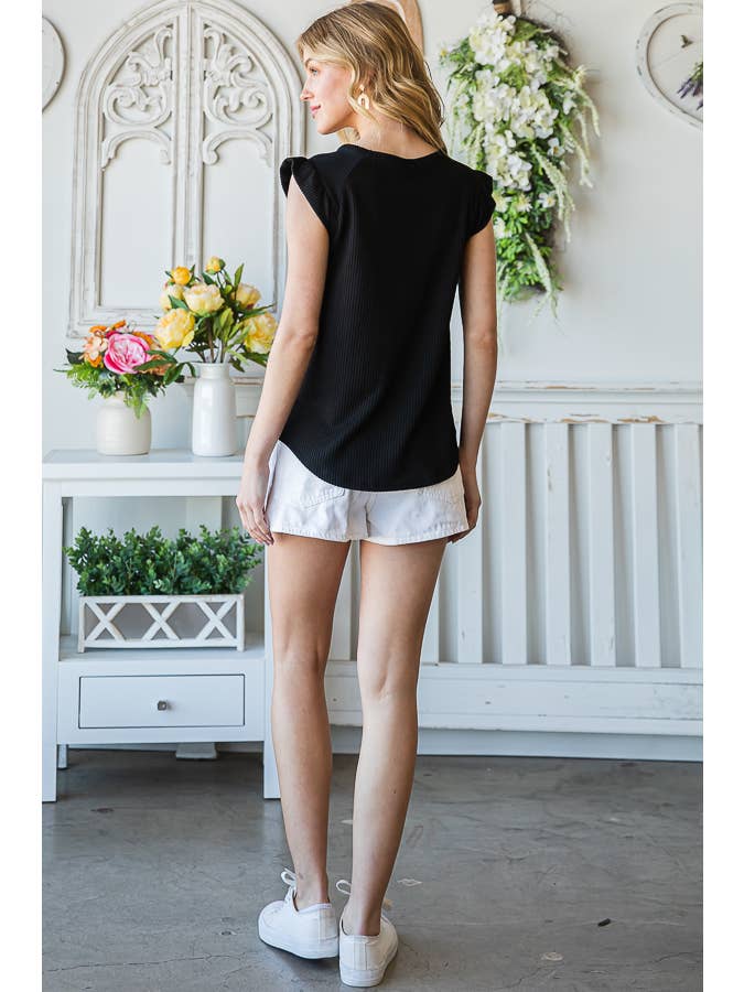 7th Ray – Engroshandel Strikket top - Dame – Solid Rib Knap-Front Flæseærme Top T515614