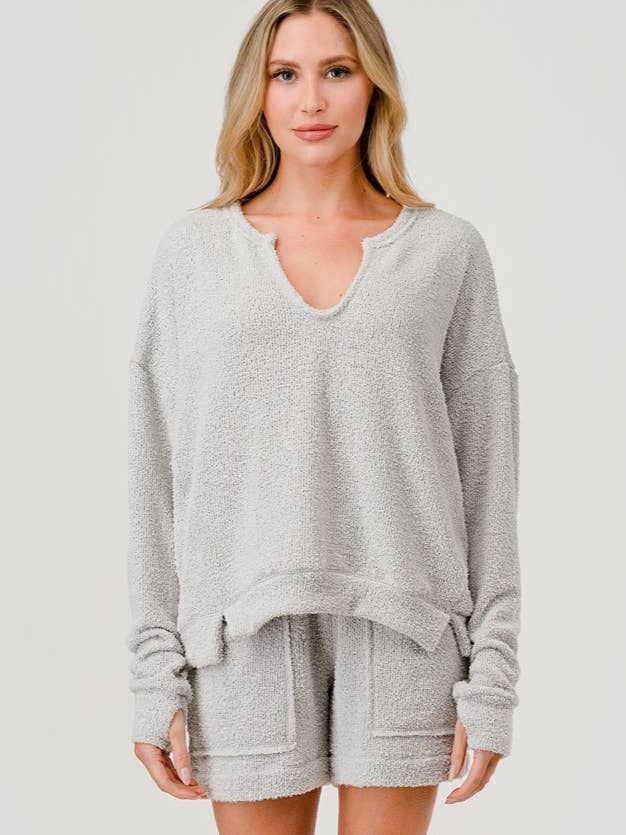 PLUSH LONG SLEEVE V NECK TOP for wholesale by Hashttag
