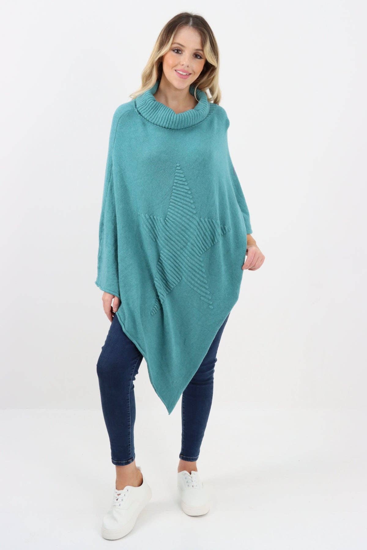 Miss Bold – Engroshandel Poncho - Dame – Italiensk strikket lagenlook poncho med stjernemønster og rullekrave29