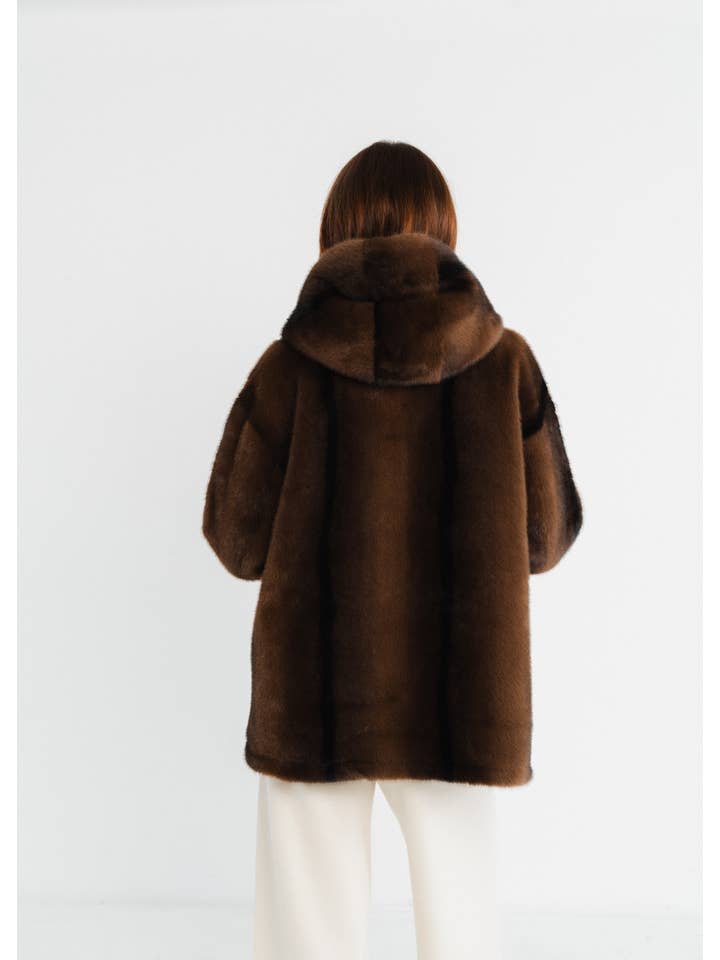 Brown Mid-length coat with faux fur hood for wholesale on Faire3