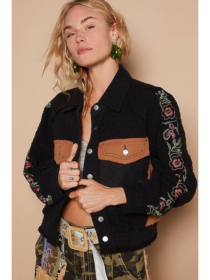 Pol Clothing - Wholesale Jacket - Women's - Vintage washed embroidered sleeve quilted jacket