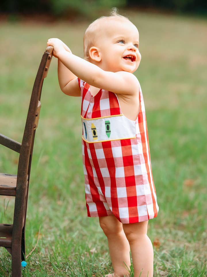 Scribble Red Gingham Crayon Embroidery Jonjon for wholesale by Posh Pickle