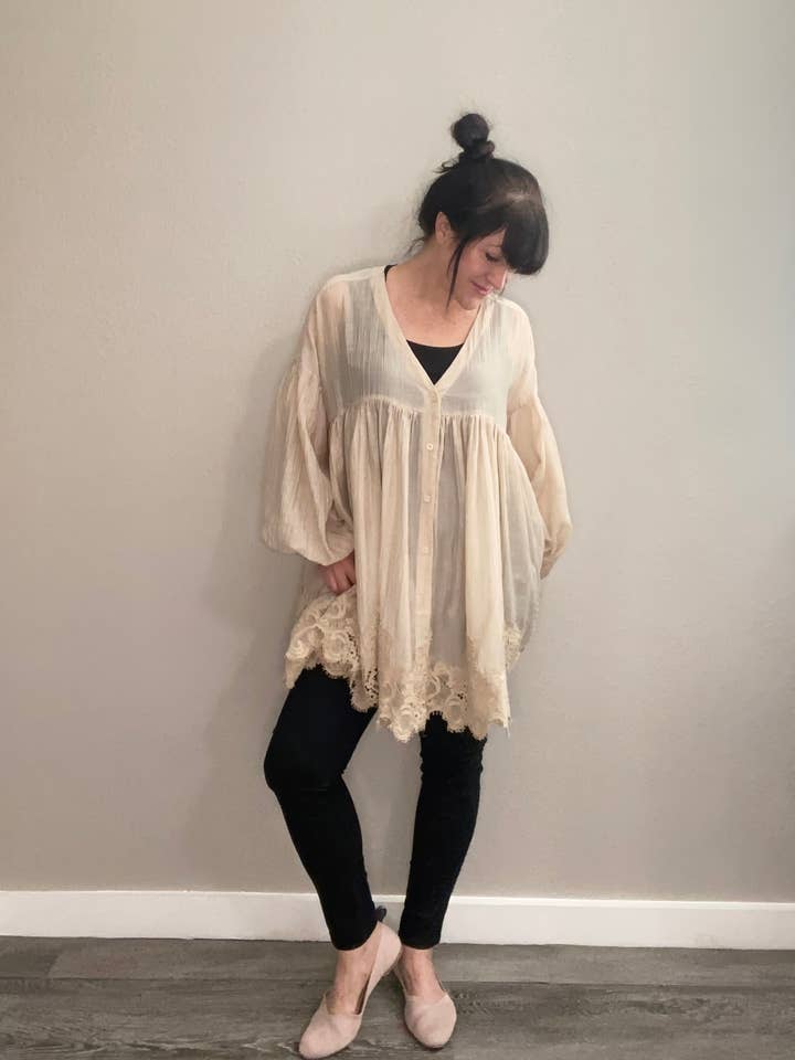 WOMEN'S - Perenelle Lace Edged Jacket/Top - Stone for wholesale by Miss Rose Sister Violet