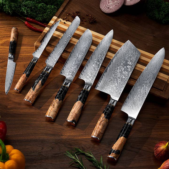 Senken Knives - Wholesale Knife Set - 7-Piece "Tsunami" Japanese Damascus Knife Set, Black Resin 1