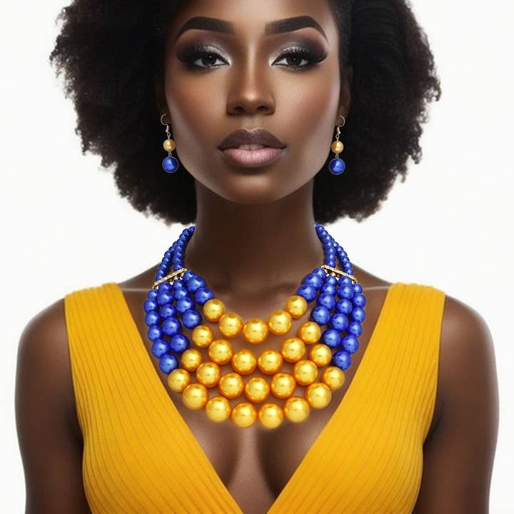SGRHO Chunky Blue Gold Pearl Bib Necklace Set for wholesale by PinktownUSA