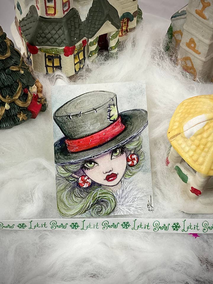 Petit tableau d'art ACEO « Frosty » | Faerie Fairy | Noël pour la vente par Faeries of Glittering Glen