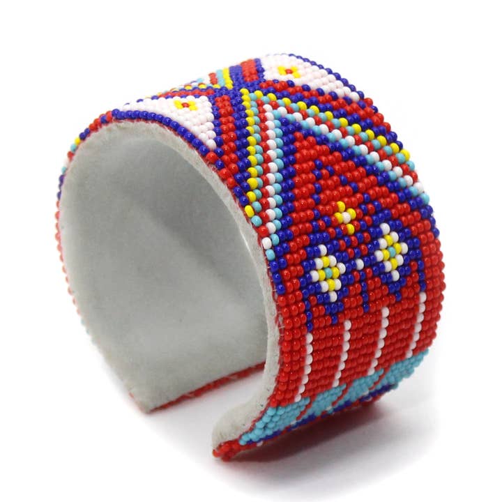 Pulseira Rígida de Couro Vermelha com Missangas Feitas à Mão e Multicoloridas - Design Geométrico, Ajustável por atacado de BEADS CORNER