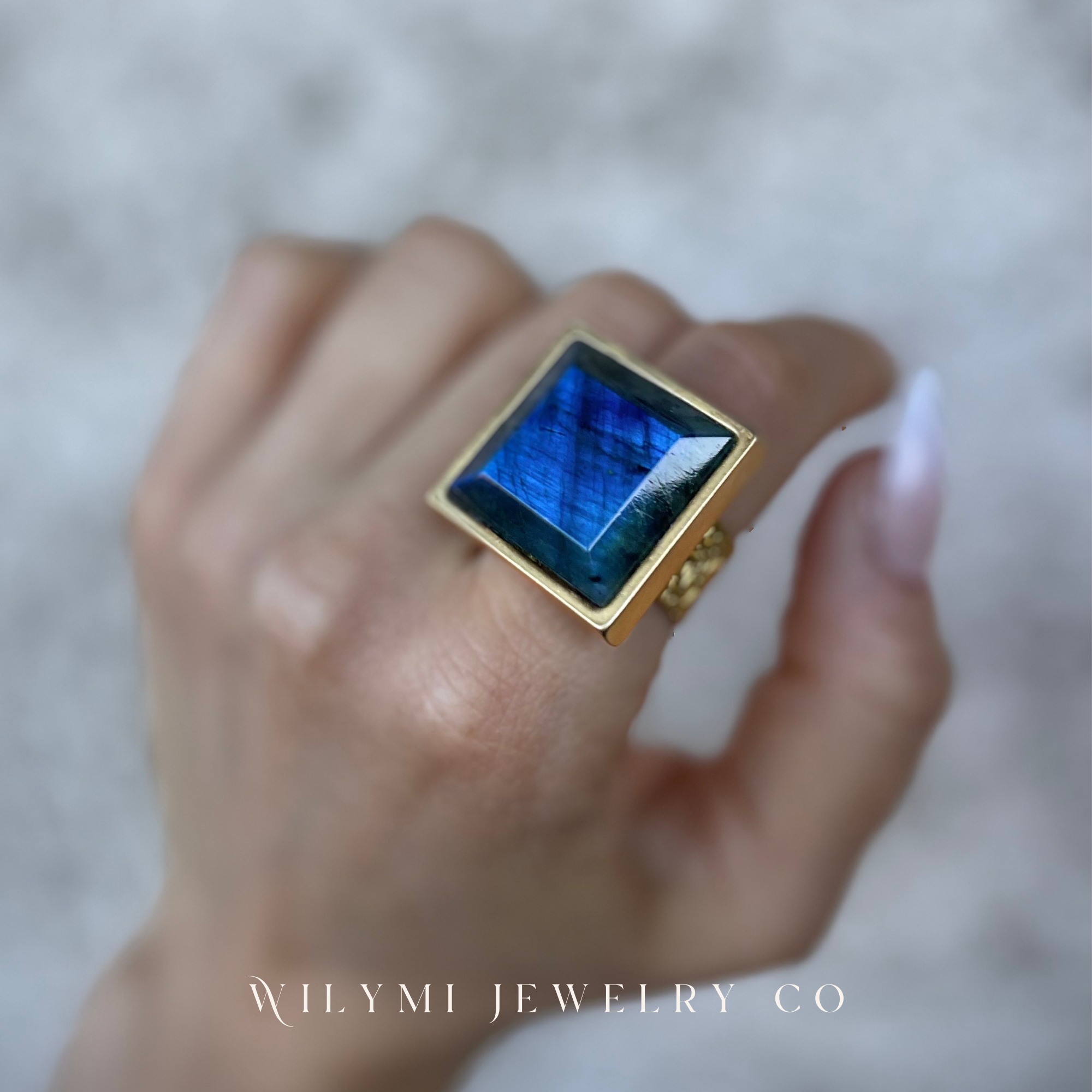 WILYMI Jewelry Co - Wholesale Cocktail/Statement Ring - PRESENCE Labradorite 20mm Square Cut | 24k GF | Adjustable5