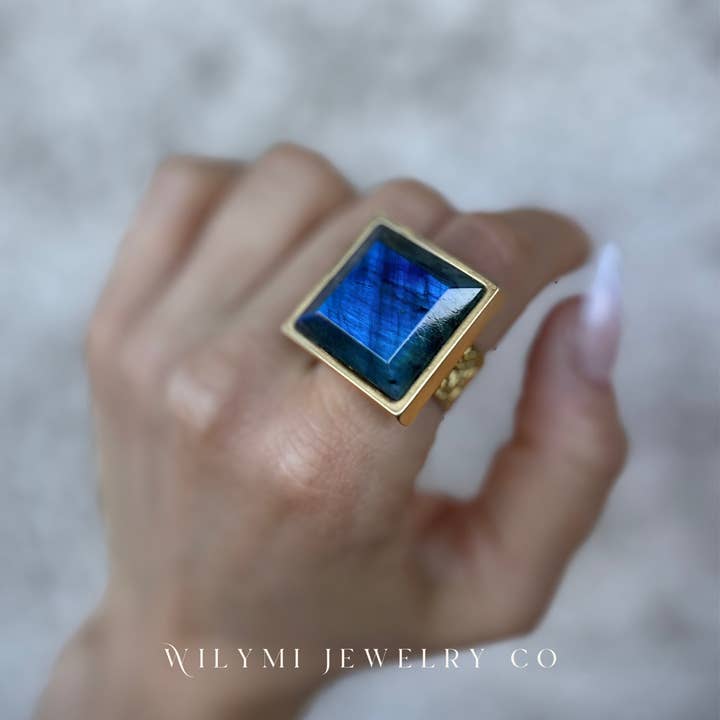 WILYMI Jewelry Co - Wholesale Cocktail/Statement Ring - PRESENCE Labradorite 20mm Square Cut | 24k GF | Adjustable5