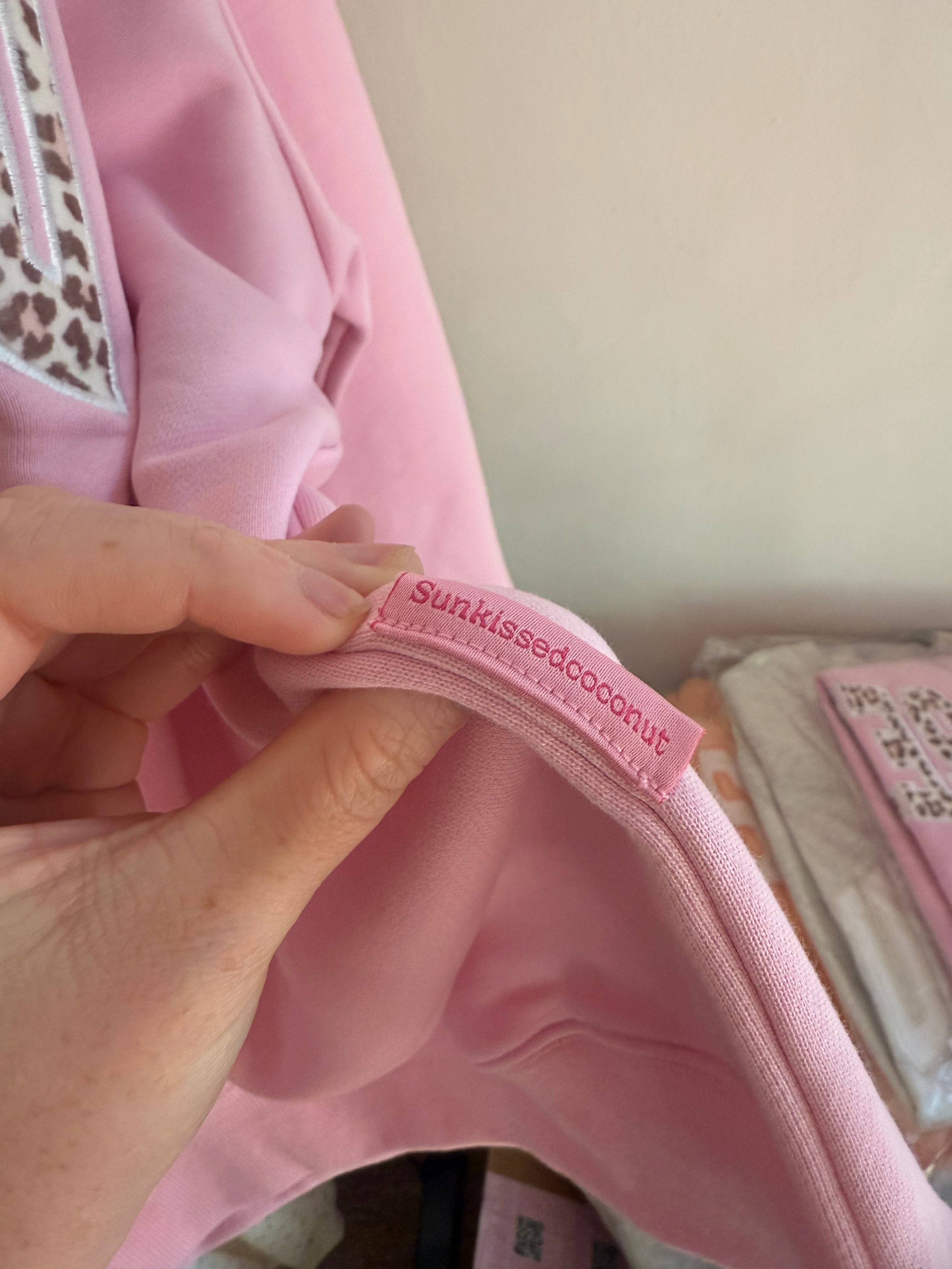 Bubblegum Pink Cheetah Print Varsity Sunkissed Embroidered Mockneck Sweatshirt 100% Cotton for wholesale on Faire9