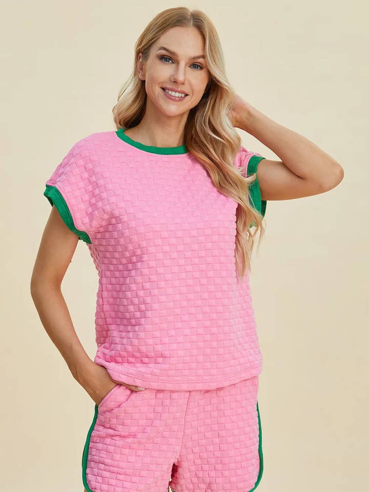 Double Take Full Size Texture Contrast T-Shirt and Shorts Set for wholesale by Queenado