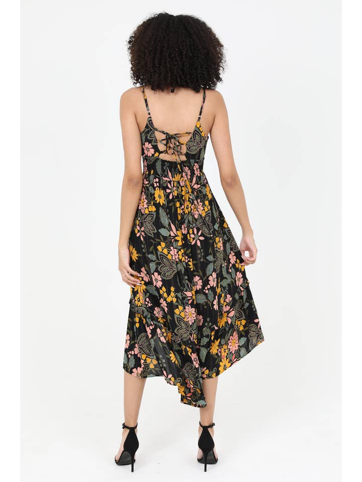 ANGIE - Wholesale Dress - Women's - C4729-A867 V NECK LACE UP BACK SLIT SKIRT MID LENGTH DRESS W