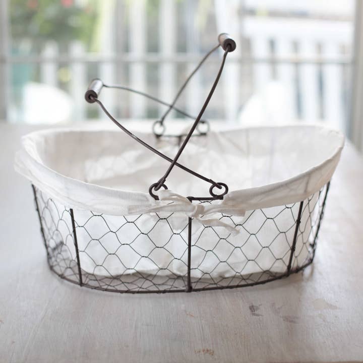 Cesta decorativa vintage de alambre metálico para picnics con inserto de lino para venta al por mayor de MEDITERRANEAN INSPIRED HOME DECOR & LIFESTYLE PRODUCTS