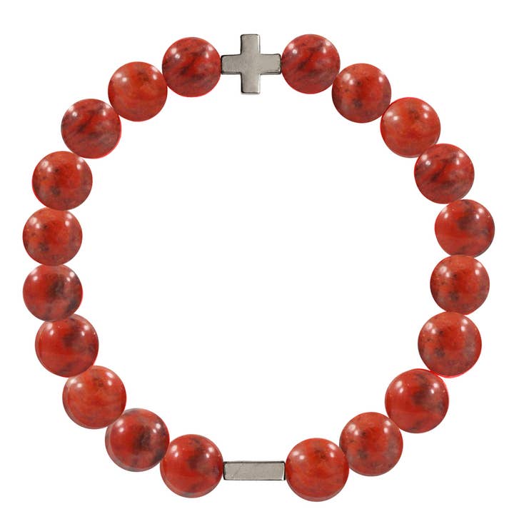 Bracelet élastique en jaspe rouge et argent pour la vente par CHARGED