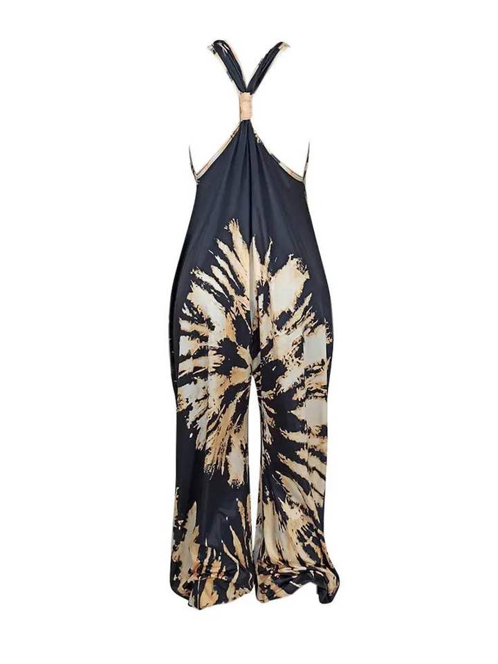 BLACK tie dye print v neck wide leg jumpsuit for wholesale on Faire
