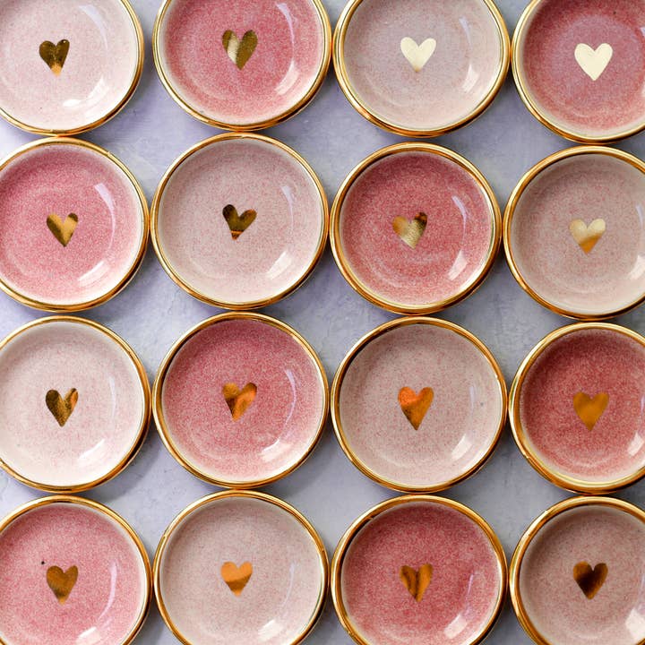 Apricity Ceramics - Wholesale Jewellery dish - Pink Heart Ring Dish | Handmade Pottery trinket with Gold1