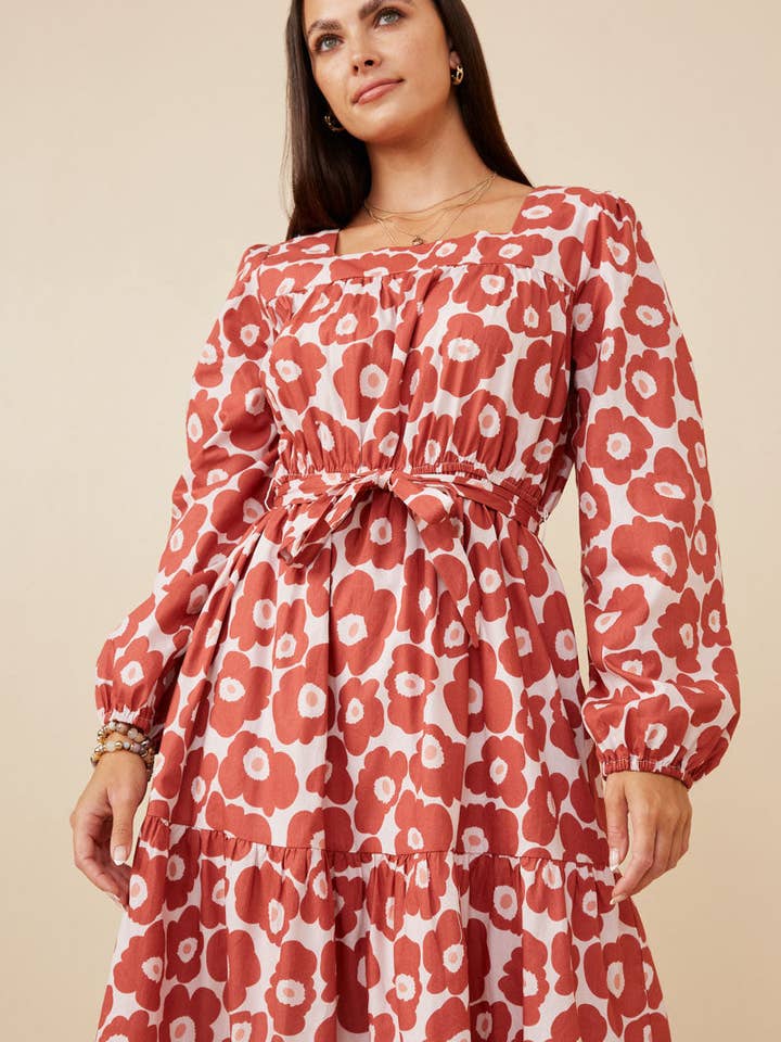 Malva Vestido con cuello cuadrado con cinturón y estampado floral atrevido para mujer de venta al por mayor en Faire2