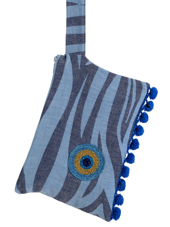 CLUTCH MILOS ponpon & sh.eye L.BLUE & N.BLUE for wholesale by AELIA ANNA