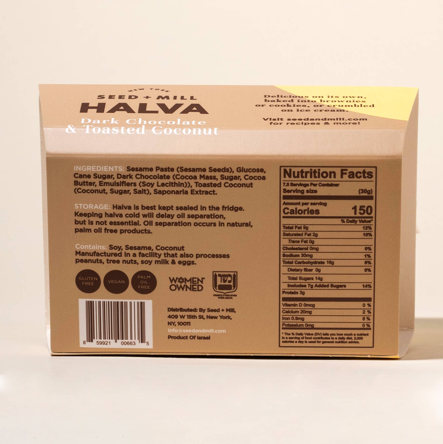 Seed + Mill - Wholesale Chocolate Bar - Toasted Coconut Chocolate Halva, 227g - Kosher Sesame Candy2