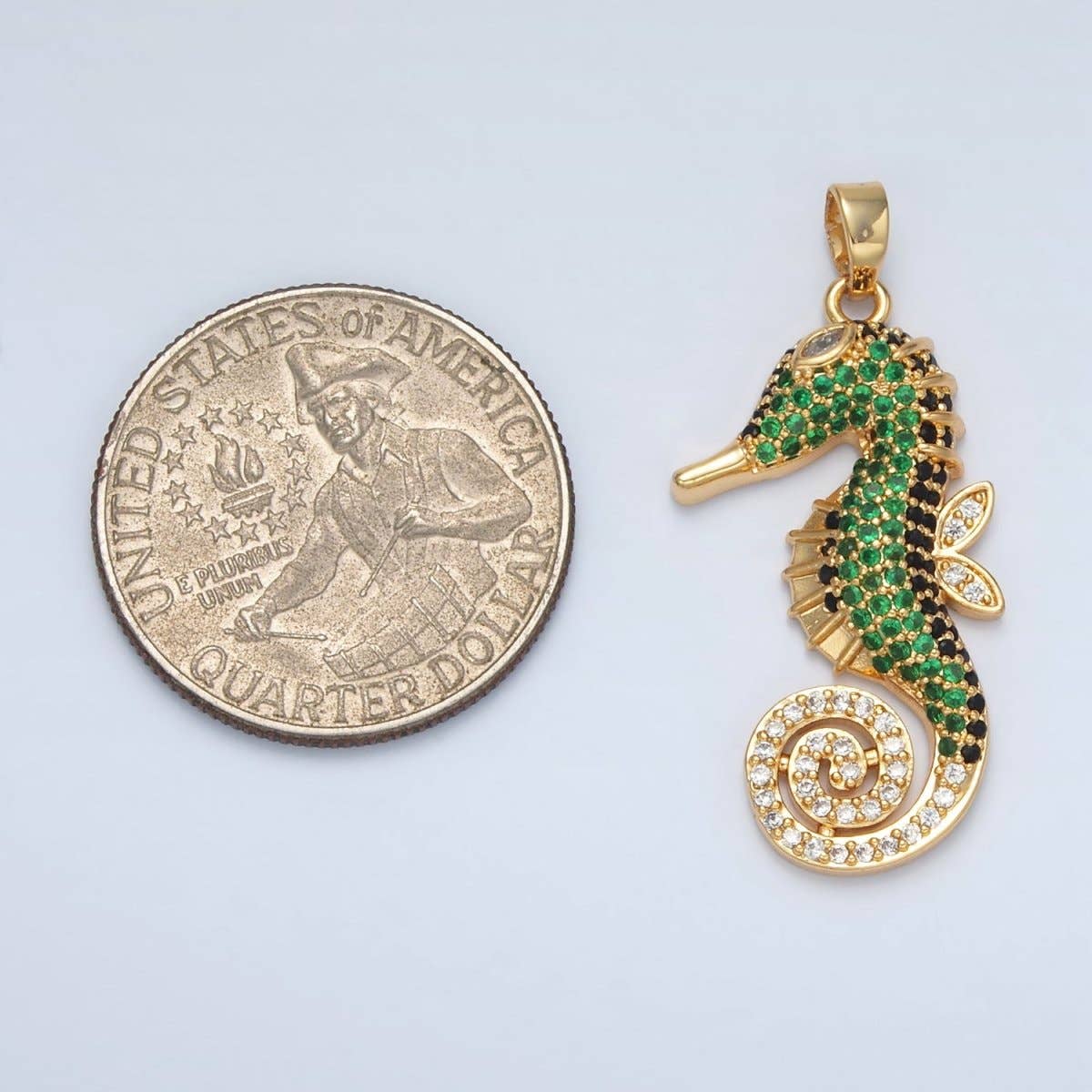 Aim Eternal - Wholesale Individual Charm/Pendant - 24K Gold Filled Green Micro Paved Sea Horse Ocean Animal Pendant | I2882