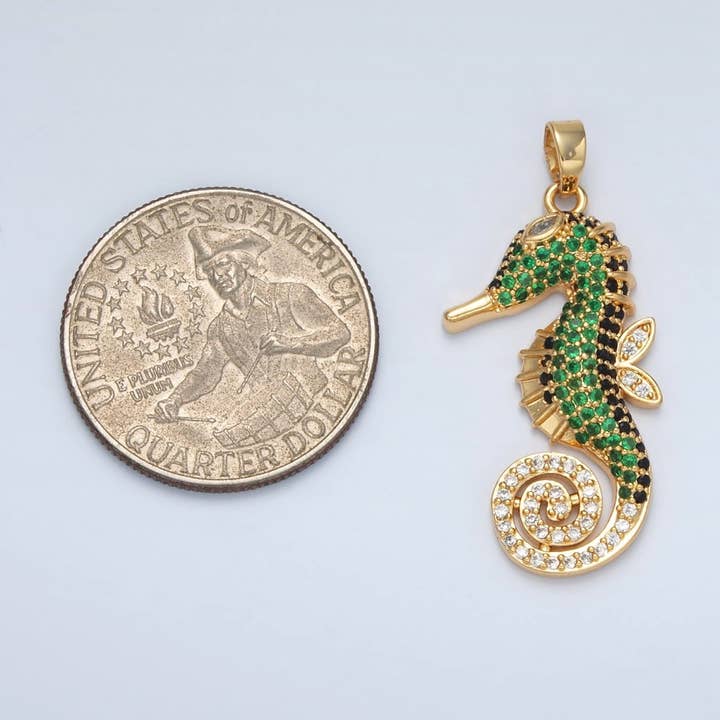 Aim Eternal - Wholesale Individual Charm/Pendant - 24K Gold Filled Green Micro Paved Sea Horse Ocean Animal Pendant | I2882