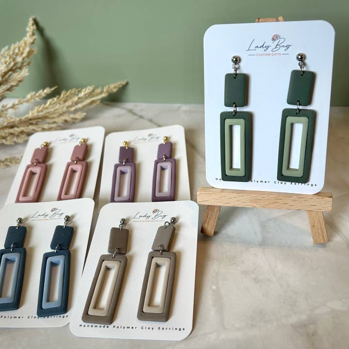 Rectangle Drop Earrings – Clay Layered Design in 5 Colors for wholesale by Lady Bug Custom Gifts